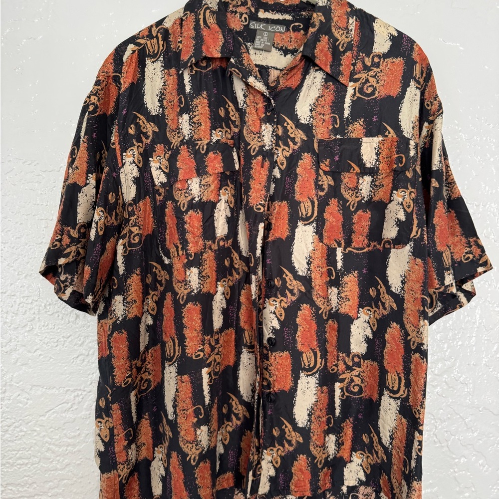 100% Silk Black/Tan/Orange Patterned Shirt